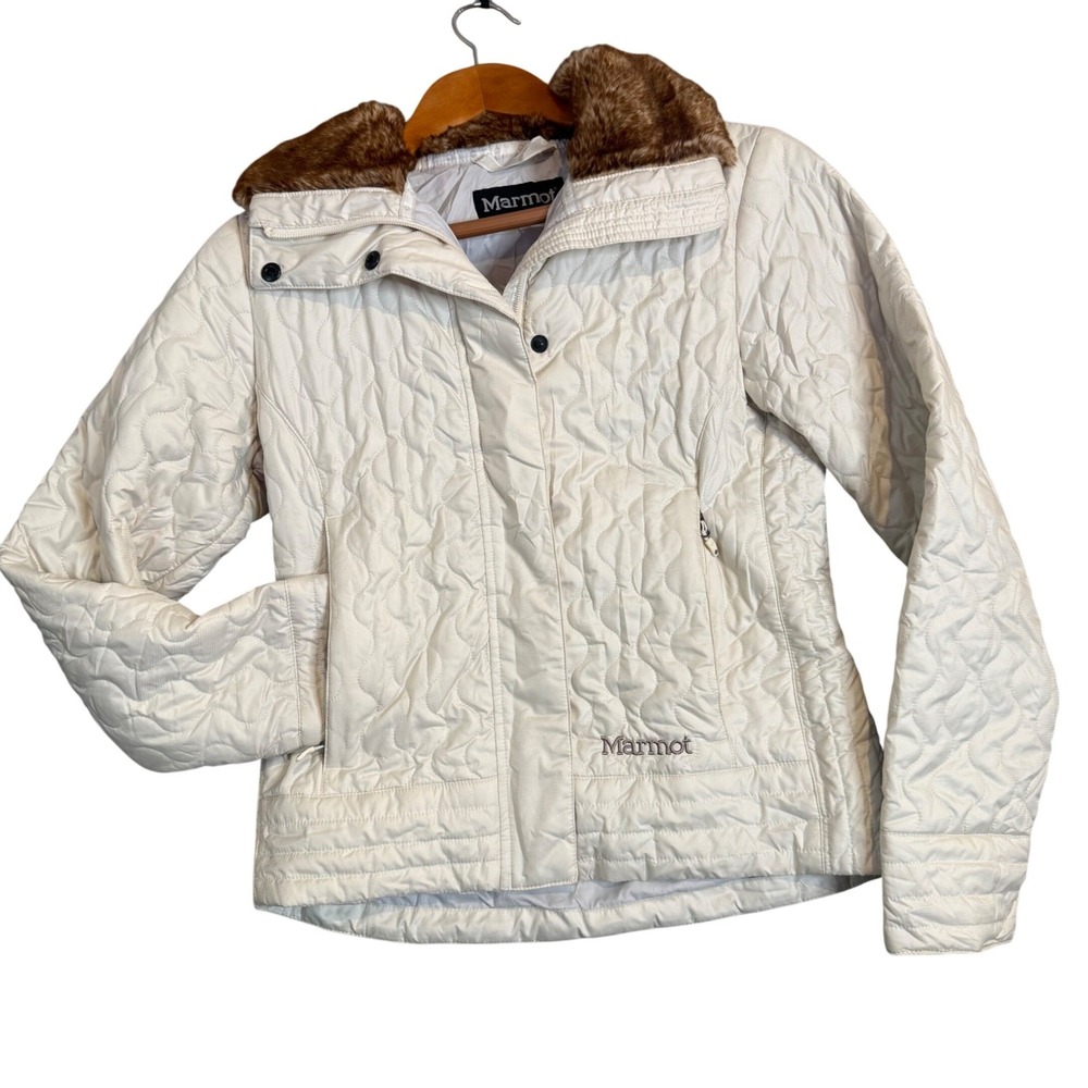 Marmot Quilted Jacket Women's S Faux Fur Collar St. Moritz Outdoor Neutral